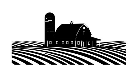 Classic american farm barn and silo with rolling fields scenic rural landscape silhouette symbol agriculture countryside heritage isolated on white background