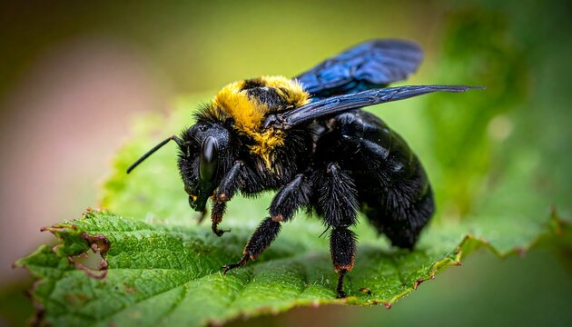Close-up of a Carpenter Bee on a Green Leaf.