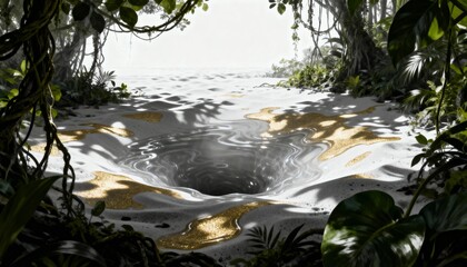 Fototapeta premium Fantasy jungle scene with a swirling vortex and golden liquid