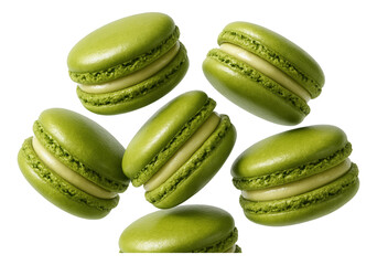 Matcha macarons with smooth, glossy green shells and visible creamy filling sandwiched between