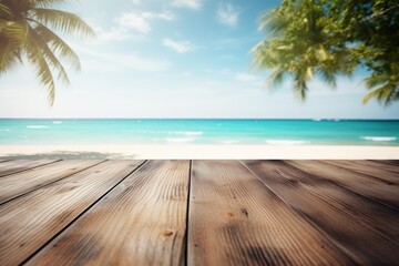 Empty wooden table with blurred beach background for displaying products