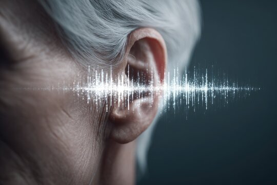Human senior ear with sound waves simulation technology.