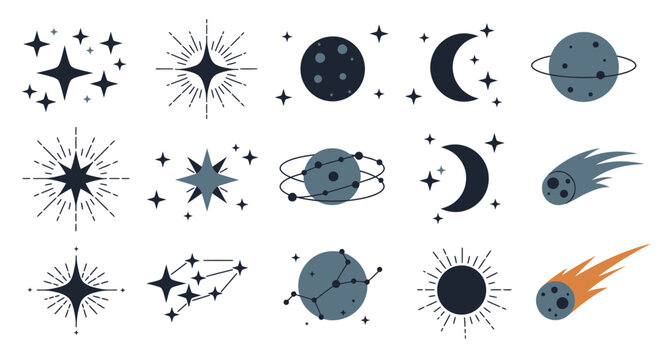 Cosmic celestial collection diverse space elements stars planets moons comets nebulas galaxies abstract celestial bodies for creative design isolated on white background