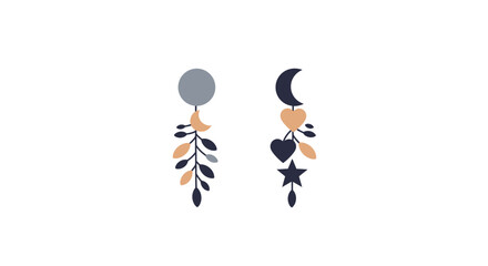 Whimsical celestial and floral dangle earrings with moon star heart and leaf motifs decorative accessories isolated on white background