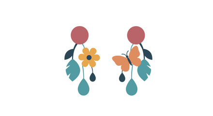 Whimsical floral and butterfly dangling earrings featuring vibrant colors and playful design perfect for fashion accessories and jewelry photography isolated on white background