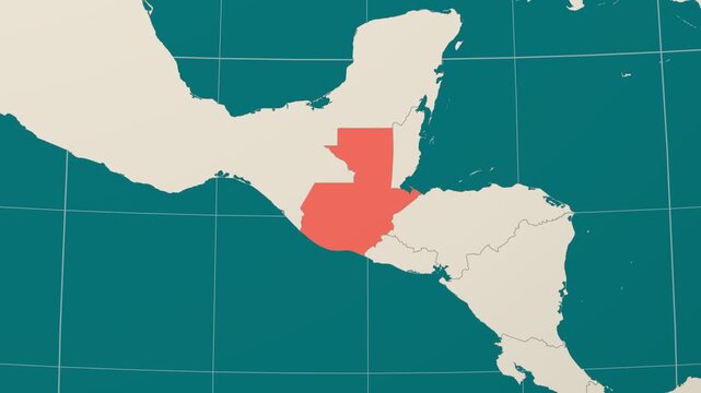 Guatemala map. Animated zoom into the country on the Globe in Teal Pale Mint color palette. Country logo animation. Map with meridians, parallels. Creative video.