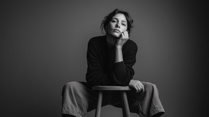 Black and white portrait of a young woman in a contemplative pose, sitting casually on a wooden stool against a neutral background.
