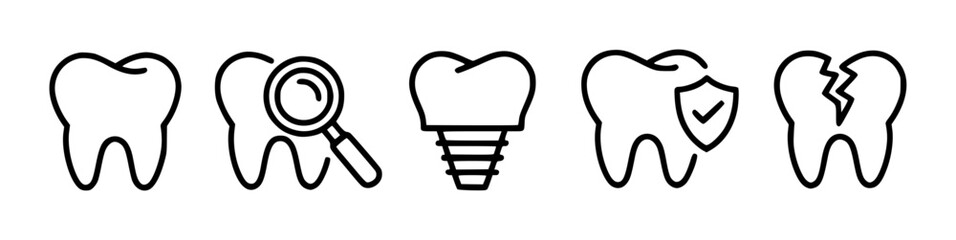 Dental Icons Tooth Health, Examination, Implant, Protection, and Damage
