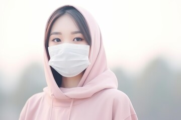 Fototapeta premium Portrait of a young asian woman wearing a protective face mask and pink hoodie