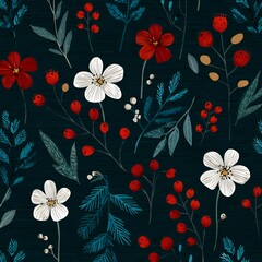 A seamless pattern displays white and red flowers with berries alongside varied blue foliage on a dark textured background for fabric designs.