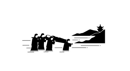 Ancient chinese funeral procession carrying a coffin through water with traditional architecture in the distance isolated on white background