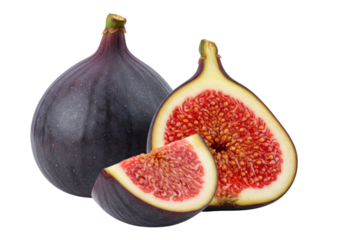 Isolated purple figs with seeds, edible fig tree fruit, cut open wedge, portion and whole