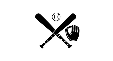 Baseball equipment crossed bats ball and glove silhouette icon simple sport symbol for games teams and athletic branding isolated on white background