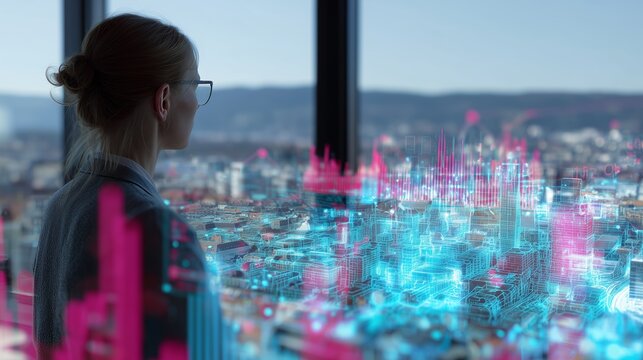 A woman gazes at a digital hologram displaying futuristic city analytics, symbolizing technology, innovation, and urban development.