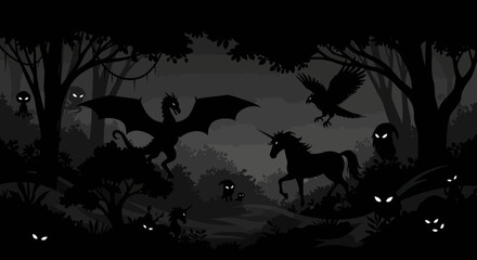 Mystical enchanted forest scene featuring a majestic unicorn dragon and mysterious creatures in twilight glow isolated on white background © Hridoy