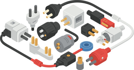 Isometric illustration of various electrical plugs, sockets, and power adapters, electronic connection equipment and cable connector technology concept