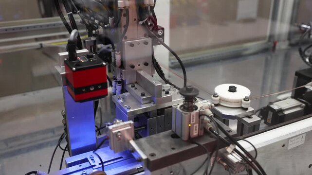 High-tech industrial machine with sensors, wiring, actuators, and precision tools operating on a linear track in an enclosed setup. Includes copy space