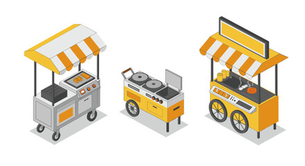Isometric street food carts with colorful canopies and cooking equipment