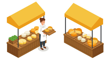 Isometric farmers market with cheese stalls and friendly vendor under a yellow canopy