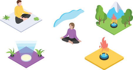 Isometric meditation and mindfulness illustration with people practicing yoga, fire, water, earth, air elements, relaxation and balance concept
