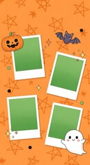 Fototapeta premium Halloween themed collage with pumpkin, bat, ghost, and photo frames on orange background.