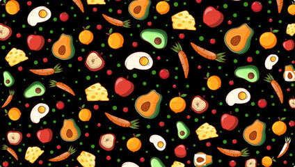 A lively seamless pattern featuring fresh fruits, vegetables, and dairy items—avocado, egg, cheese, apple, carrot, tomato, and more. Ideal for food branding, packaging, and lifestyle design.