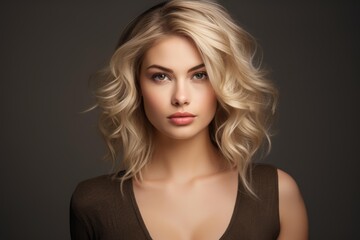 Naklejka premium Portrait of a confident woman with wavy blonde hair and neutral expression