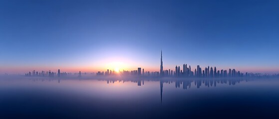 A modern city skyline bathed in the golden light of sunrise with its reflection shimmering on the calm water surface