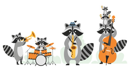 Whimsical raccoons play music together a fun cartoon band with instruments creating lively melodies for joyful scenes and children's content isolated on white background