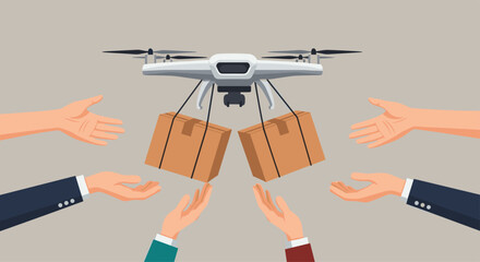 Obraz premium Drone delivering packages to multiple outstretched hands.