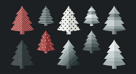 A comprehensive set of Christmas tree icons, featuring diverse sizes and proportions, all crafted in a clean flat design style. Perfect for illustrating scale or offering variety in holiday graphics.
