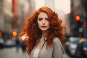 Obraz premium Young woman with long, curly, vibrant red hair posing on a city street with blurred background