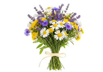 Isolated colorful wildflower bouquet. Fresh bunch of yellow daisies and violet lavender