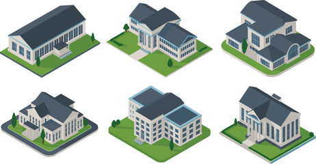 Isometric set of modern buildings illustration showing architectural designs of houses, offices, institutions, and residential structures with greenery