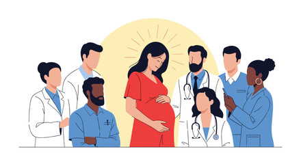 Pregnant woman surrounded by medical professionals receiving support and care.