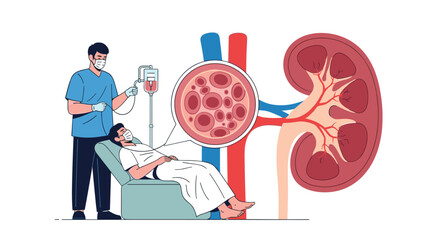 Medical illustration of a patient undergoing treatment for kidney disease.