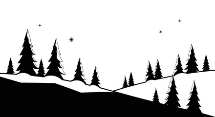 Obraz premium Silhouette of dense coniferous forest with rolling snow-covered hills under a starry night sky creating a serene winter landscape scene isolated on white background