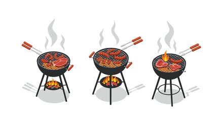 Isometric barbecue grills with sizzling steaks and flames