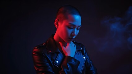 Contemplative portrait with neon lighting. Female model wears leather jacket and buzzcut. Red and blue light frames face. Soft smoke drifts in studio space. Expression is calm and introspective tone. - Powered by Adobe