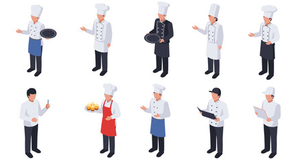 Diverse chefs in isometric style displaying culinary skills and attire