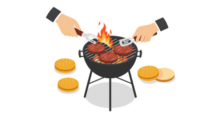 Isometric bbq cooking scene with grilled burgers and hands flipping patties