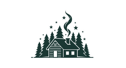 Cozy cabin in the woods under a starry night sky with smoke rising symbolizing warmth and serenity isolated on white background