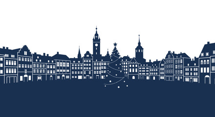 Fototapeta premium European city skyline silhouette of historic buildings with architectural details and tall towers under a bright sky isolated on white background