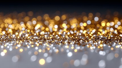 Festive abstract background with shimmering gold and white glitter particles and bokeh