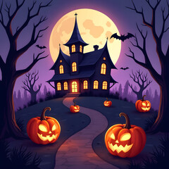 Whimsical Halloween-themed image of a haunted house, illuminated by the full moon and the glow of jack-o'-lanterns. The image is likely used as a visual for a content upload tool.