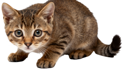 An adorable tabby kitten with big eyes posing playfully on a white background, transparent background png