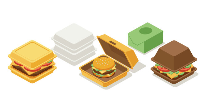 Isometric fast food packaging design with burgers in colorful takeout boxes