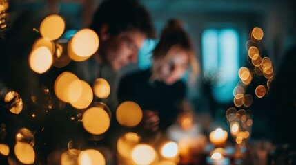 A couple enjoys a warm, romantic evening surrounded by soft candlelight and blurred festive decorations, creating a cozy atmosphere.