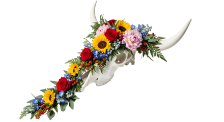 Decorated bull skull with vibrant flowers isolated on transparent background