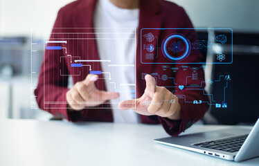 Man holding smartphone with holographic lock and data network graphics. Concept of cybersecurity, privacy, mobile protection